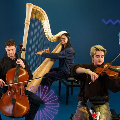 Members of the National Open Youth Orchestra playing their instruments surrounded by colourful neon vectors